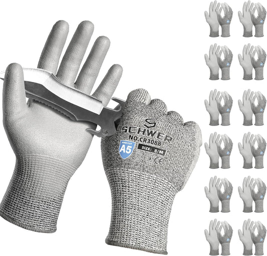 Schwer 12 Pairs ANSI A5 Cut Resistant Work Gloves, Cut Proof Gloves with PU Coating, Used for Metal Fabrication, WoodWorking, Construction, Non Slip, Durable, M, CR3088
