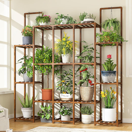 EnHomee Plant Stand Indoor for Multiple Plants Stand Outdoor with 18-22 Potted Double Rod for Hanging Plant Shelf 570 LBS Wood Plants Shelves for Living Room Patio Balcony Yard Garden 56''W×11.6''D×47''H