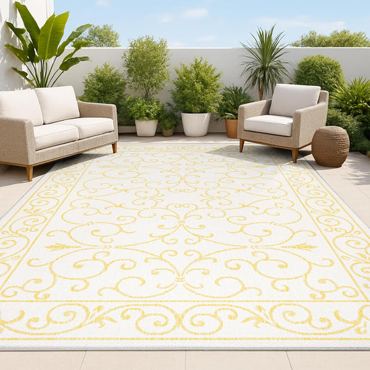 JONATHAN Y SMB106M-8 Charleston Vintage Filigree Textured Weave Indoor Outdoor Area Rug, Classic Traditional Easy-Cleaning,Bedroom,Kitchen,Backyard,Patio,Non Shedding, 8 X 10, Cream/Yellow