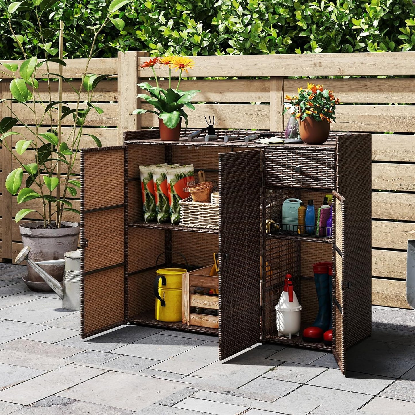 Tangkula Rattan Outdoor Storage Cabinet, Patiojoy Outdoor Cabinet with 4 Adjustable Shelves, 1 Drawer, 3 Doors, Patio Storage Deck Box Table for Patio Garden Poolside (Mix Brown)