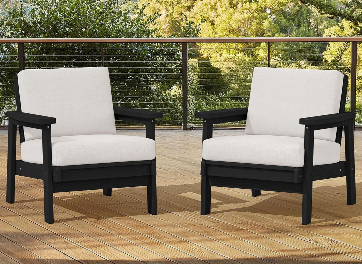 SERWALL HDPE Outdoor Couch Set of 2, All-Weather Wood-Like Outdoor Patio Furniture Set, Black Outdoor Sofa Chairs with Khaki Cushions