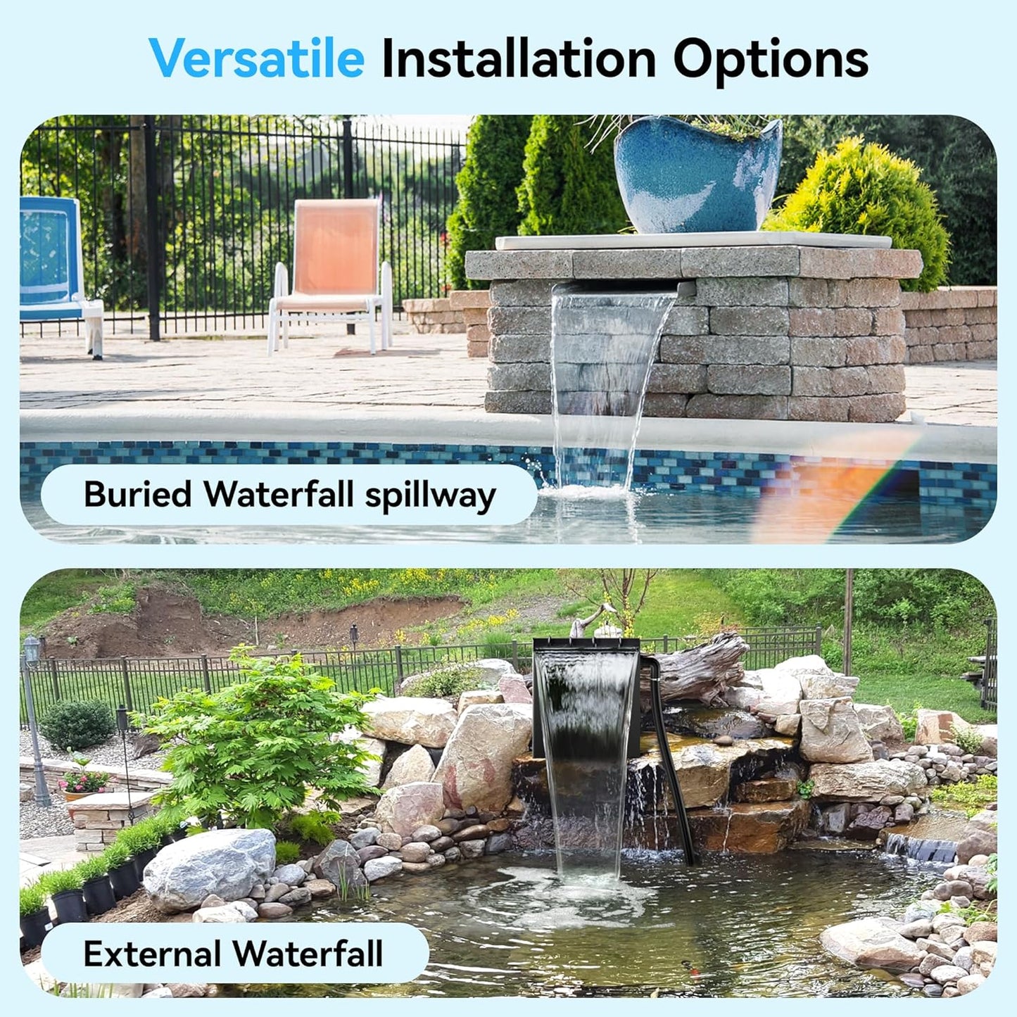 POPOSOAP Pond Waterfall Spillway with Pump Kit, 13.4" H x 12" W Stainless Steel Pond Waterfall Box with Pond Pump, Filtration, 10FT Corrugated Tubing for Outdoor Garden Pond Spillway