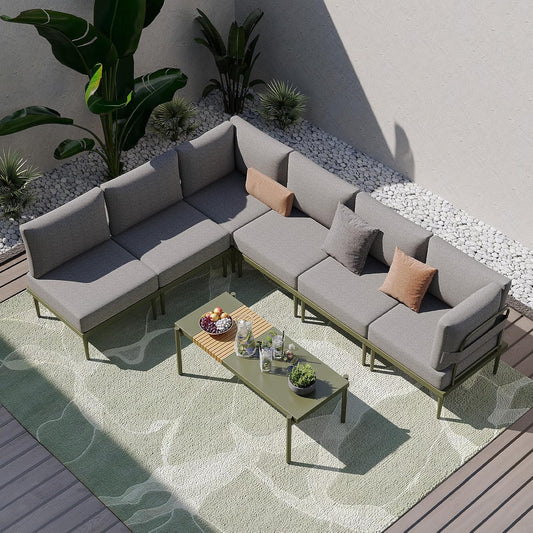 Sundale Outdoor 7 Pieces Metal Patio Furniture Set, Outdoor Sectional Sofa w/6 Inch Olefin Cushion and Coffee Table, Modern Outdoor Conversation Sets