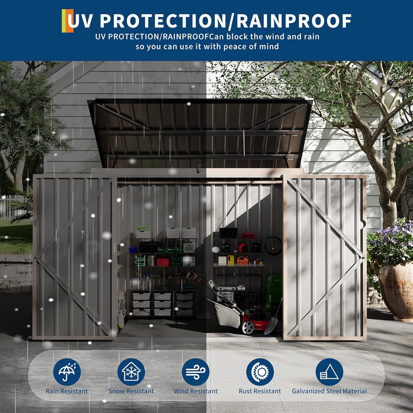 2 Trash Cans Metal Outdoor Storage, 3x6 FT Garbage Bin Storage Shed with Chain Lid, Garbage Can Metal Sheds for Garden, Backyard, Lawn and Patio