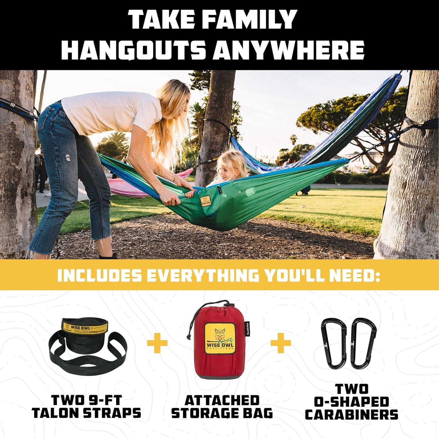 Wise Owl Outfitters Camping Hammock – 500lbs Portable Hammock with Tree Straps - Travel, Backpacking, Hiking, Outdoors Camping Gear - Single or Double