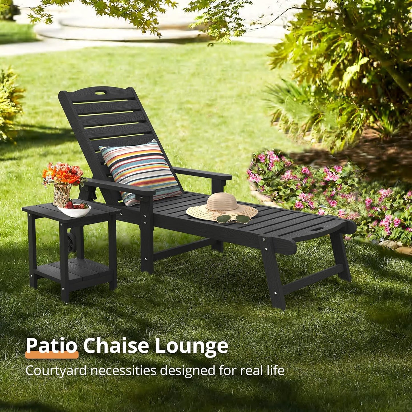 LUE BONA Chaise Lounge Chairs Set with Table, 3-Piece, HDPS Chaise Lounger, 5 Positions Adjustable Lounge Chairs, Pool Lounge Chair with Wheels for Poolside, 3 Year Warranty, Black