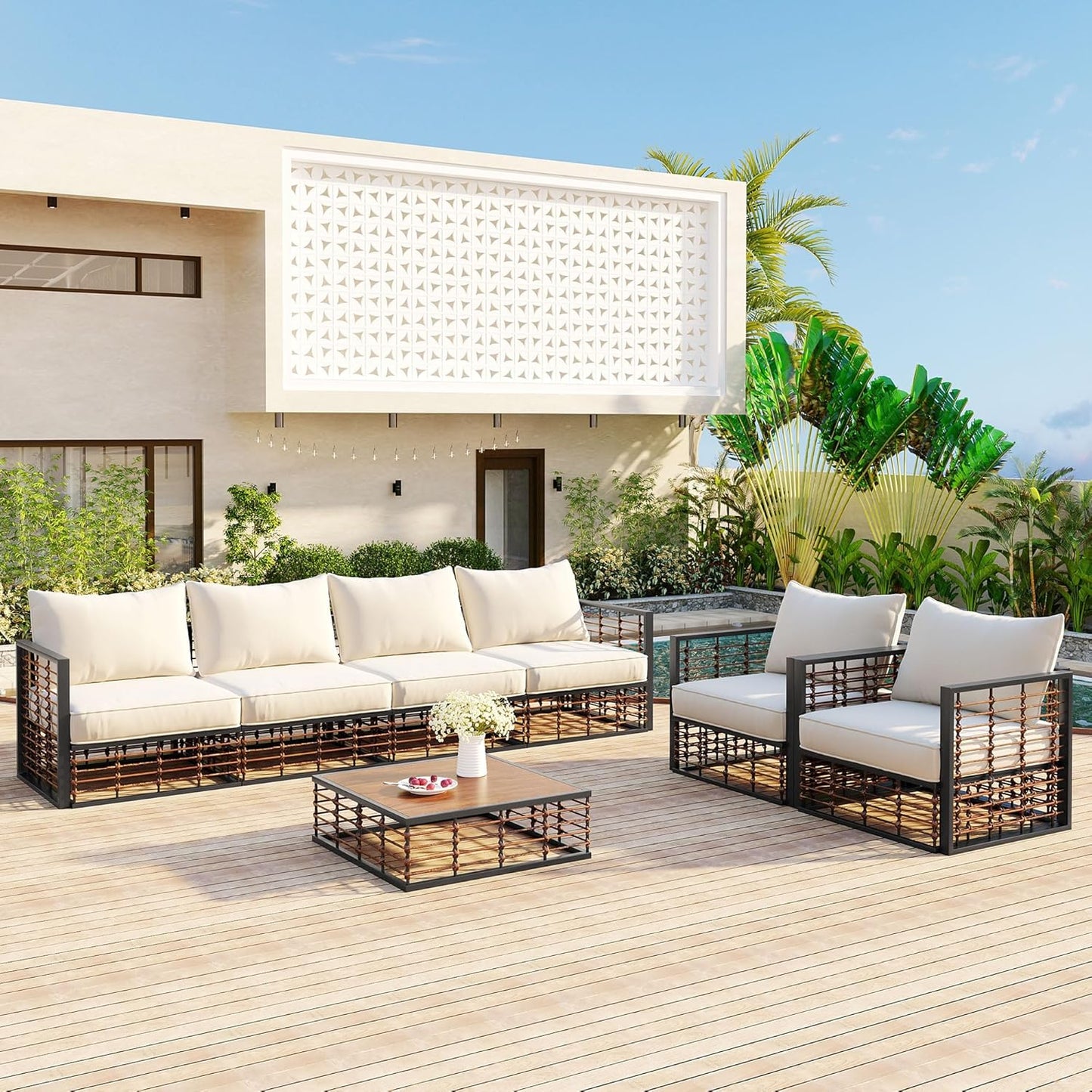 7-Piece Metal Patio Sectional Sofa Set, Free Combination Sofa Set with Coffee Table, All-Weather Garden Conversational Furniture Set with Thick Cushions and 8 Pillows (Dark Gray Frame+Brown Cushion)