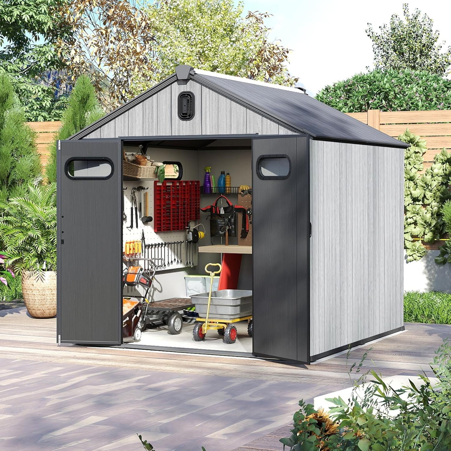 Domi 8x8FT Outdoor Resin Storage Shed with Transparent Windows & Louvered Vents, Plastic Tool Shed with Double Lockable Doors & Gable Roof, Outside Garden Shed for Backyard, Patio, Lawn, Grey