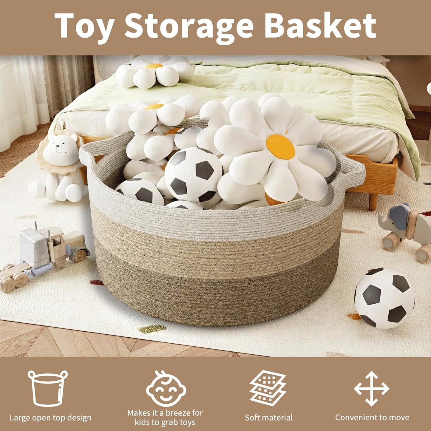 125L Extra Large Blanket Basket, 25" x 16", Jumbo Laundry Woven Basket Decorative Home, Cotton Rope Basket with Handles, Baby Toy Basket for Storage, Gradual Brown, 2PC