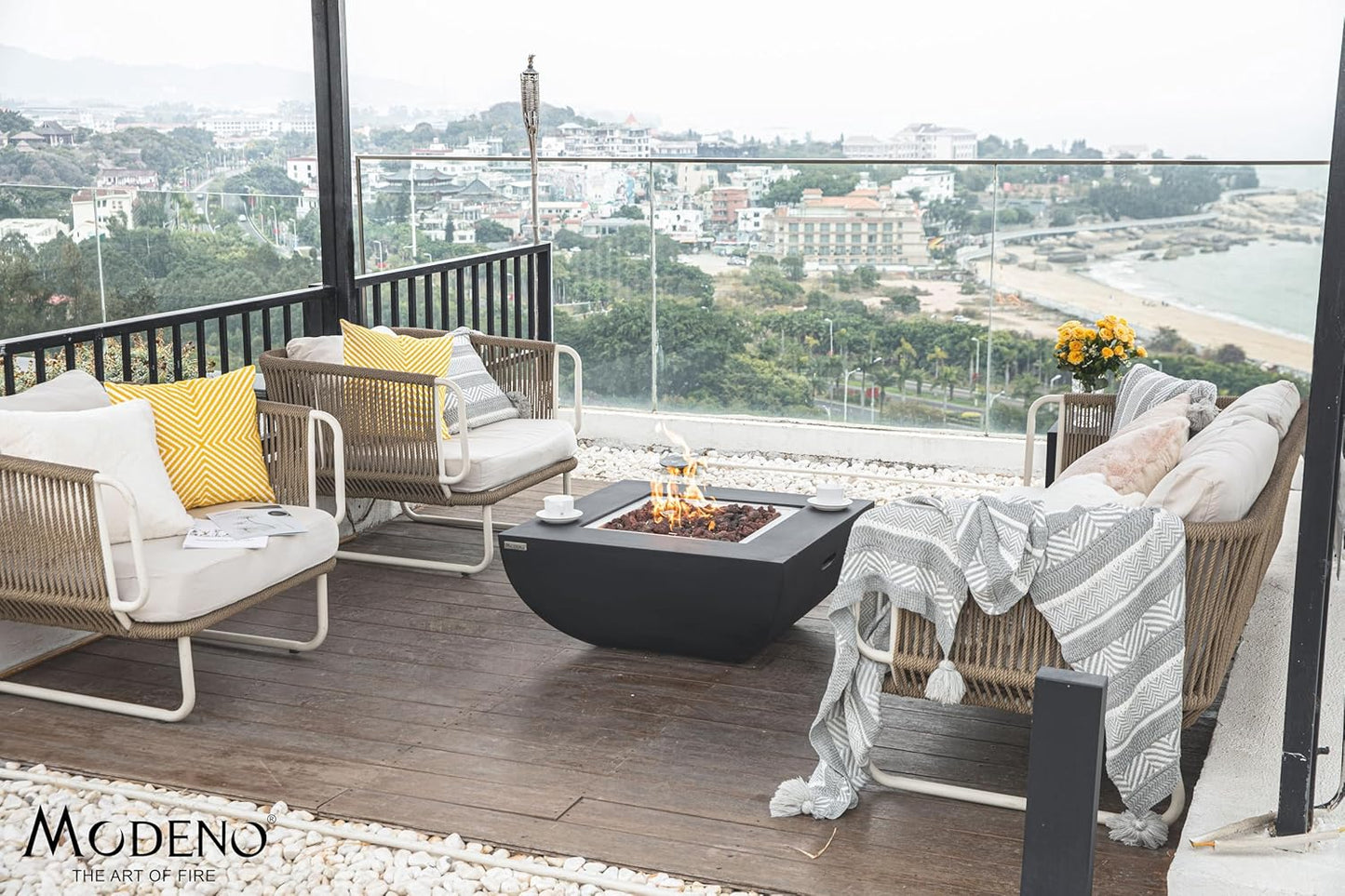AMS Fireplace | Modeno Aurora Package | Black Liquid Propane Gas Fire Pit Table for Outside Patio Bundle with Tank Cover, Wind Guard, and SS Burner Lid | Free Rubber Mat & Ice Bucket