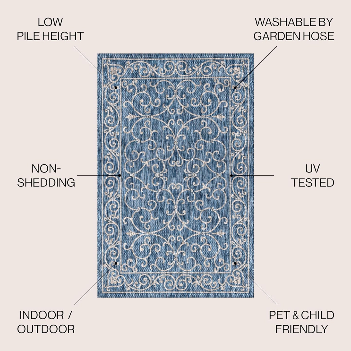 JONATHAN Y SMB106D-9 Charleston Vintage Filigree Textured Weave Indoor Outdoor Area Rug Classic Coastal Easy Cleaning Bedroom Kitchen Backyard Patio Non Shedding, 9 X 12, Navy/Gray