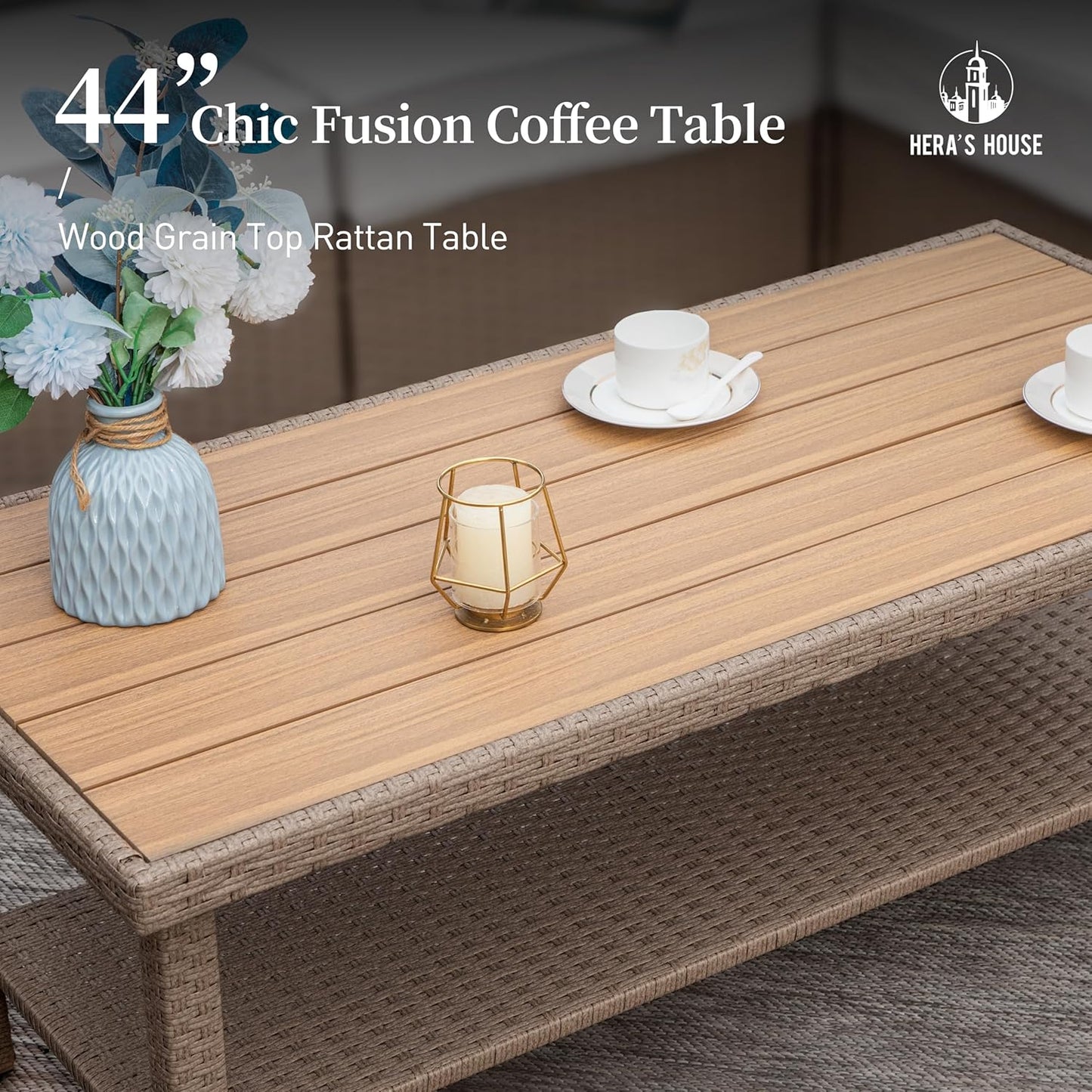 HERA'S HOUSE Patio Furniture Set, All Weather 6 Seats Outdoor Sectional Wicker Sofa with 44" Coffee Table, 5.5" Thick Waterproof Cushion 7 Pieces Modular Conversation Sofa Set for Garden Deck Backyard