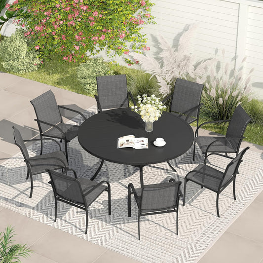 VICLLAX Patio Dining Set for 8, Outdoor Furniture Set Includes 53" Round Patio Table and 8 Patio Sling Chairs, Black Tabletop and Grey Fabric