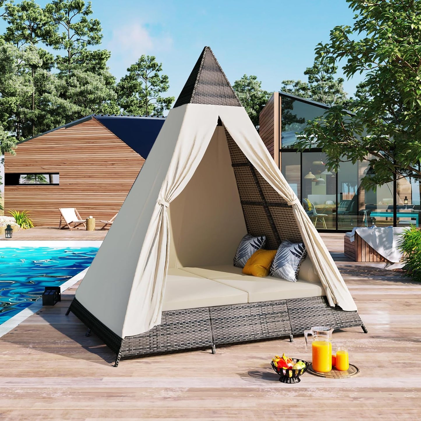 kevinplus Outdoor Patio Sunbed Daybed with Tent for Garden Backyard Pool, Adjustable Feet & Weather-Resistant Rattan Material, Beige