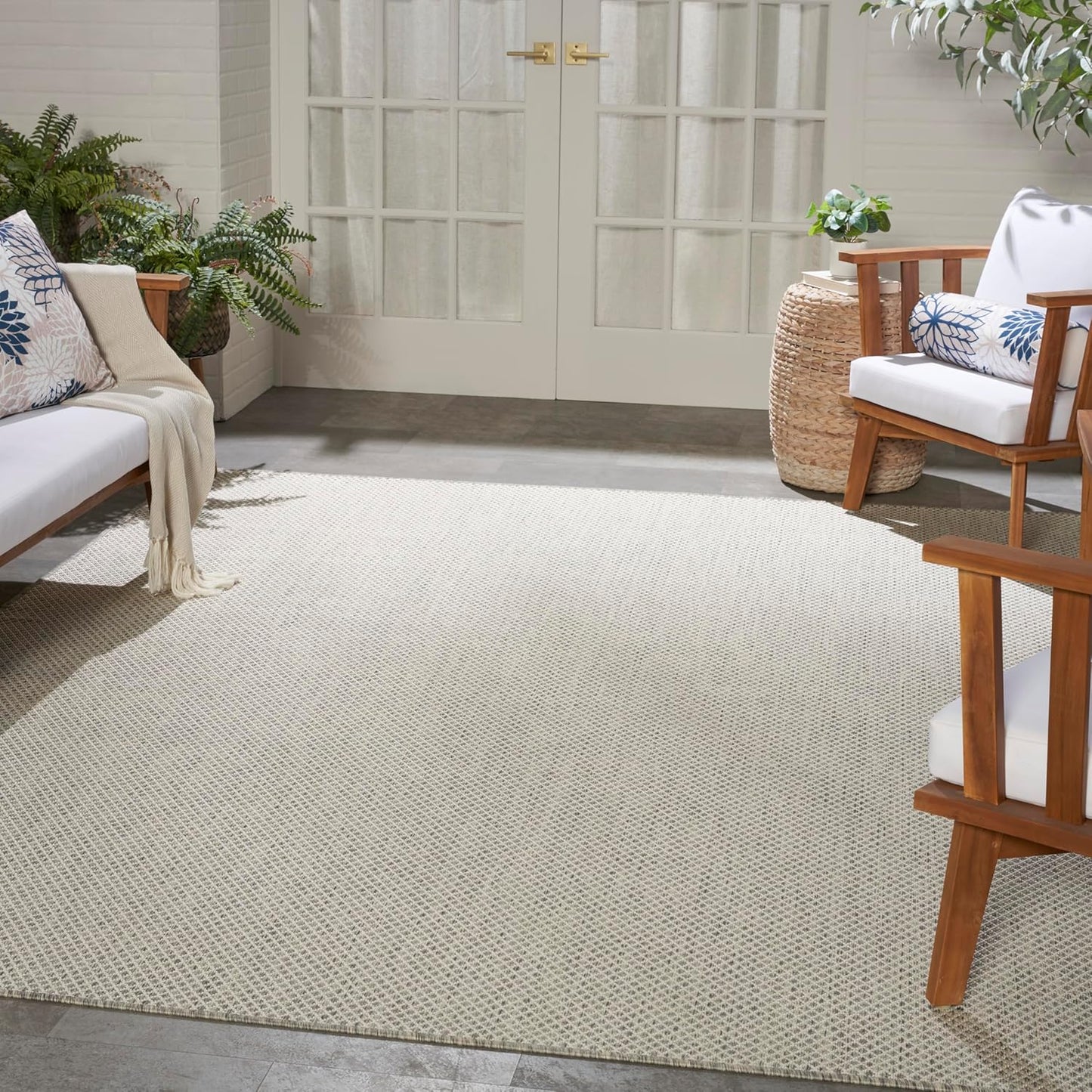 Nourison Courtyard Indoor/Outdoor Ivory Silver 8' x 10' Area Rug, Geometric, Easy Cleaning, Non Shedding, Bed Room, Living Room, Dining Room, Deck, Patio, Backyard (8x10)