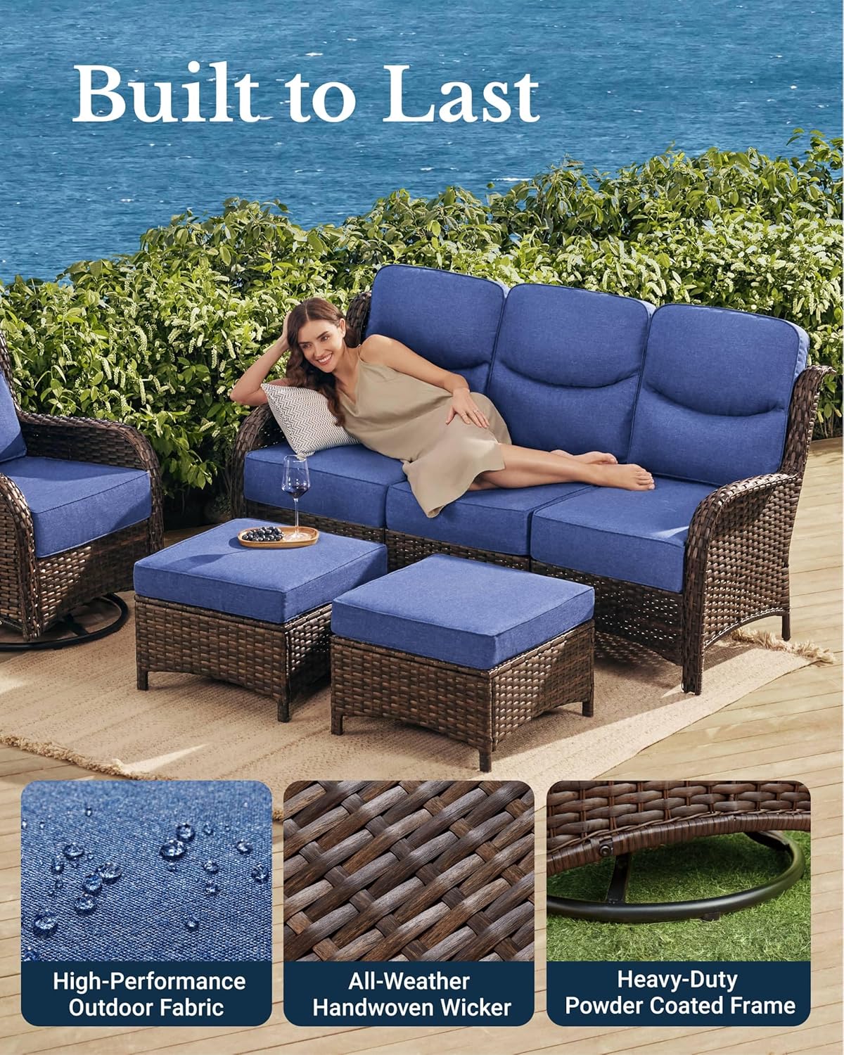 HILLGA Luxury Patio Furniture Set with 6-inch Thick Cushion, Outdoor Couch and High Back Swivel Rocker Patio Chairs, 10PCS Wicker Conversation Set for Deck Yard and Poolside, Blue (V2)