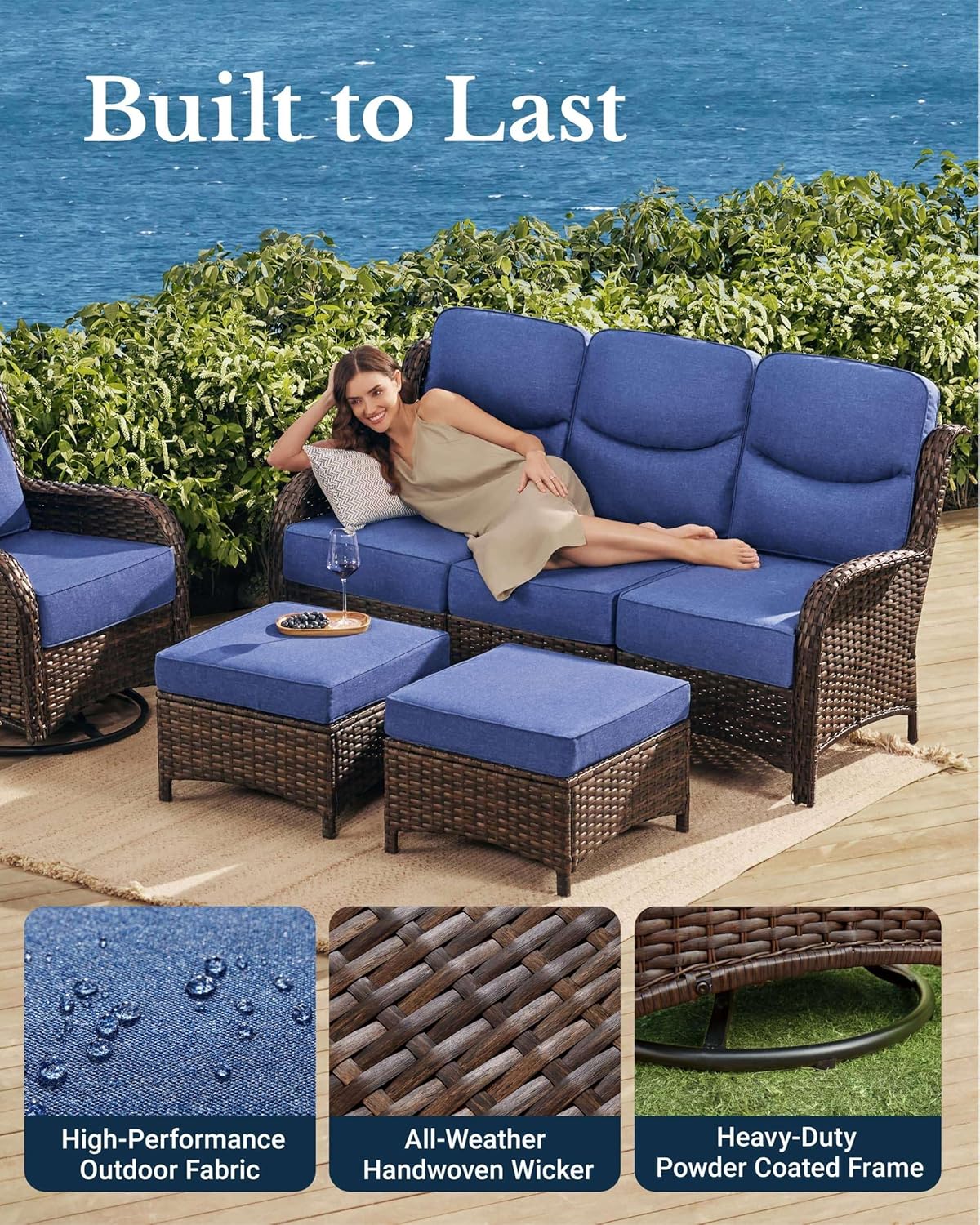 HILLGA Luxury Patio Furniture Set with 6-Inch Thick Cushions, High Back Outdoor Swivel Rocker Chairs and Patio Couch, 10-Piece All Weather Conversation Set for Porch Deck Pool Yard, Blue (V3)