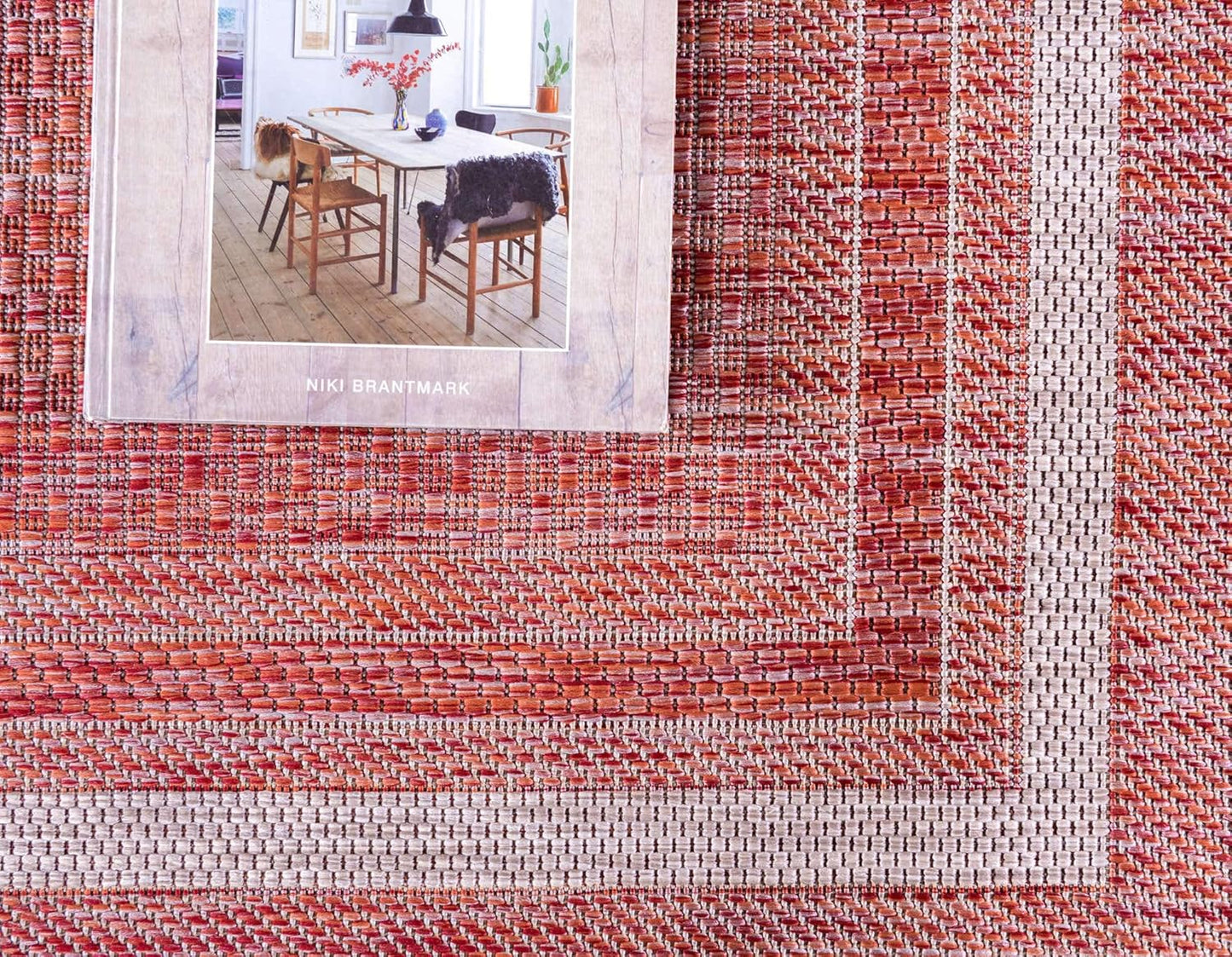 Unique Loom Outdoor Border Collection Area Rug - Soft Border (9'x 12' Rectangle, Rust Red/ Ivory)