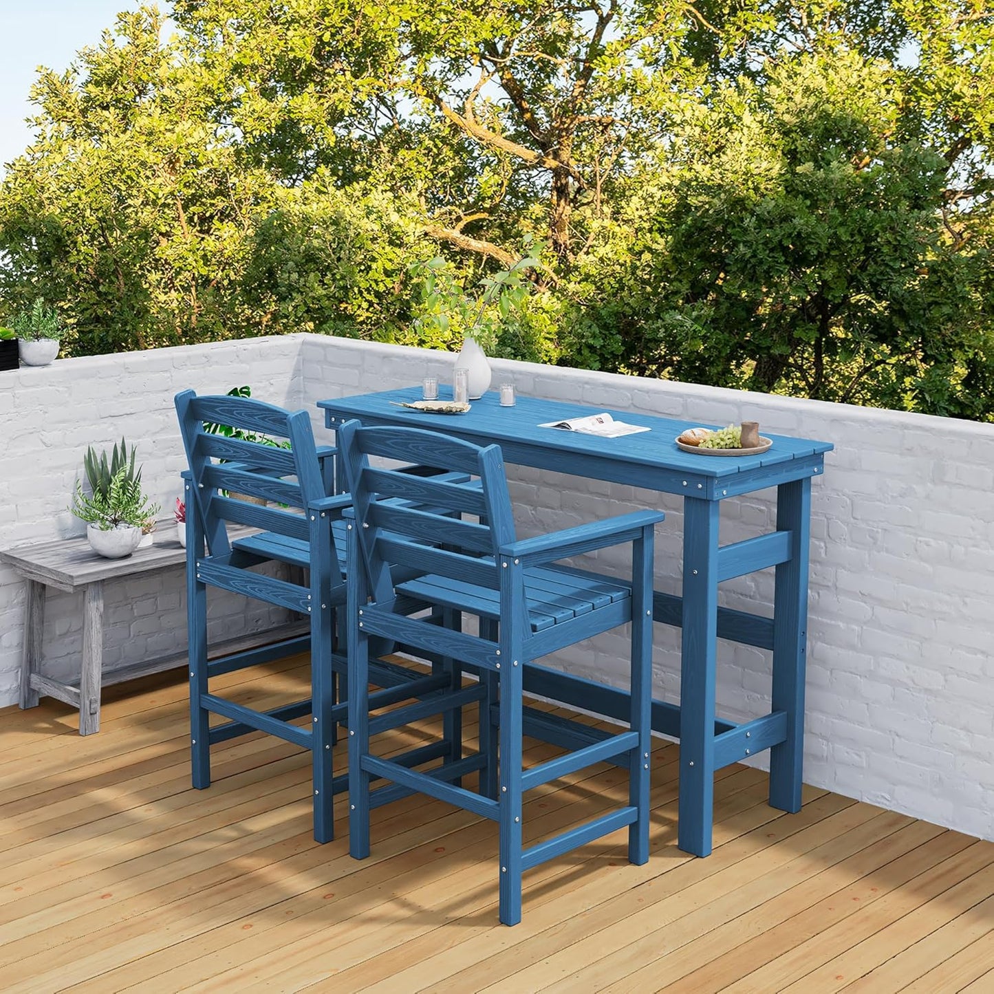 SERWALL Outdoor Bar Table and Chairs Set, Adirondack Bar Chairs Set of 2 and Bar Height Table, All Weather HDPE Outdoor Patio Bar Set, Outdoor Furniture for Outside, Poolside, Backyard, Garden, Blue