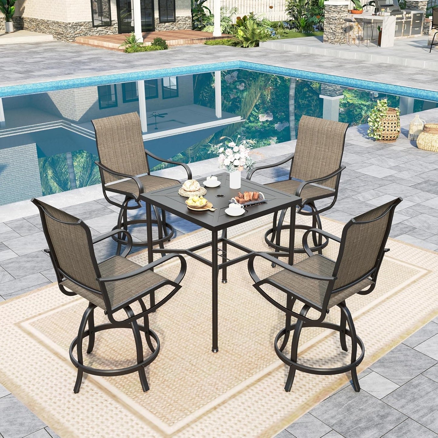 Sophia & William 5 pcs Outdoor Bar Set, Patio Bar Table and Chairs Set, Counter Height Patio Set - 4 x Swivel Bar Chairs, 1 x Square Bar Table