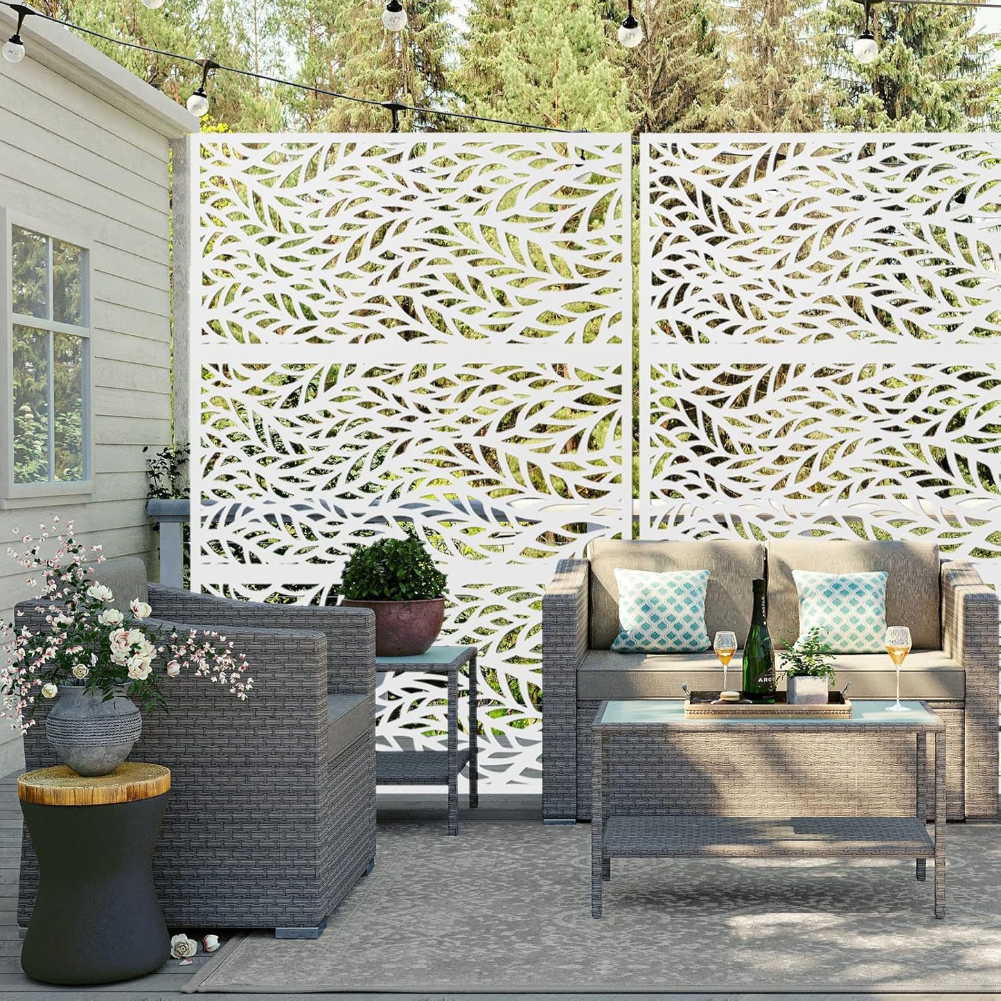 Metal Privacy Screen,72" H47 W,Freestanding Decorative Privacy Screen for Balcony Patio Lawn Garden,Privacy Fence Privacy Panel-White & Leaf