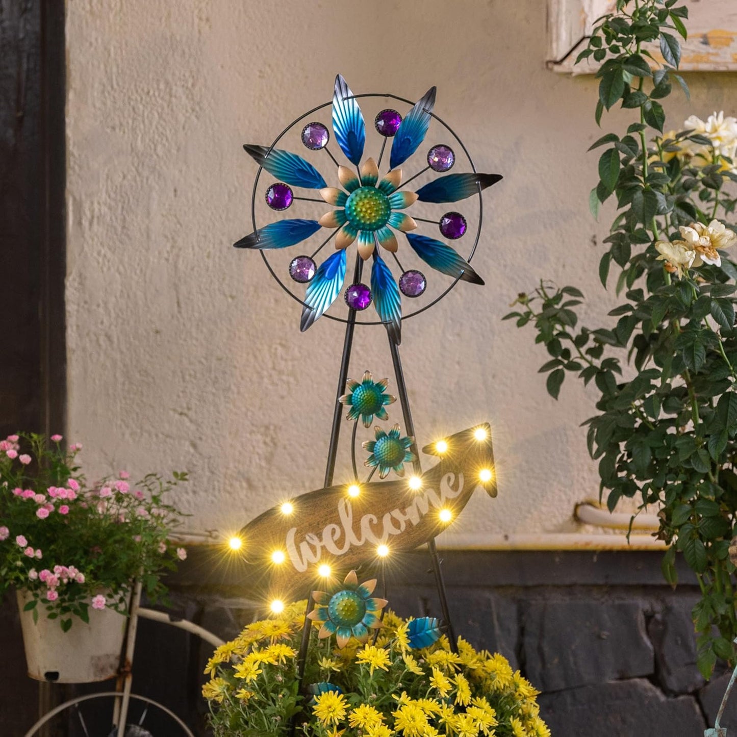 TERESA'S COLLECTIONS Peacock Garden Solar Stake, Wind Spinner Yard Art Sign for Outdoor Decor, Metal Purple Floral Windmill Decorative Garden Stake for Lawn Ornaments, Gifts for Mom, 37''