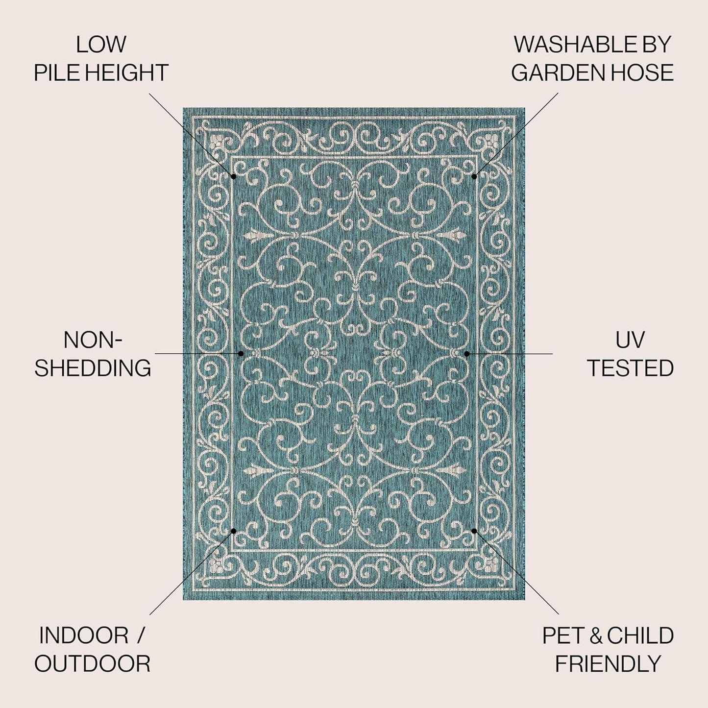 JONATHAN Y SMB106F-8SQ Charleston Vintage Filigree Textured Weave Teal/Gray 8' Square Indoor/Outdoor Area Rug, Pet Friendly, Non-Shedding, Stain Resistant, Easy-Cleaning for Backyard, Patio, Porch
