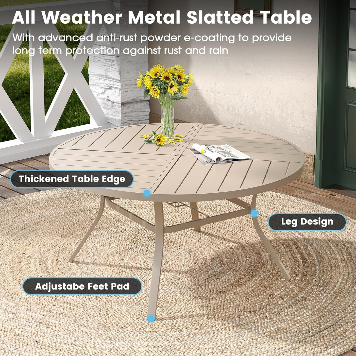 DIFY 53.1" Round Outdoor Patio Dining Table for 6-8, All-Weather Metal Steel Slatted Patio Table with 1.57" Adjustable Umbrella Hole, for Lawn Garden Porch Backyard, Sandshell