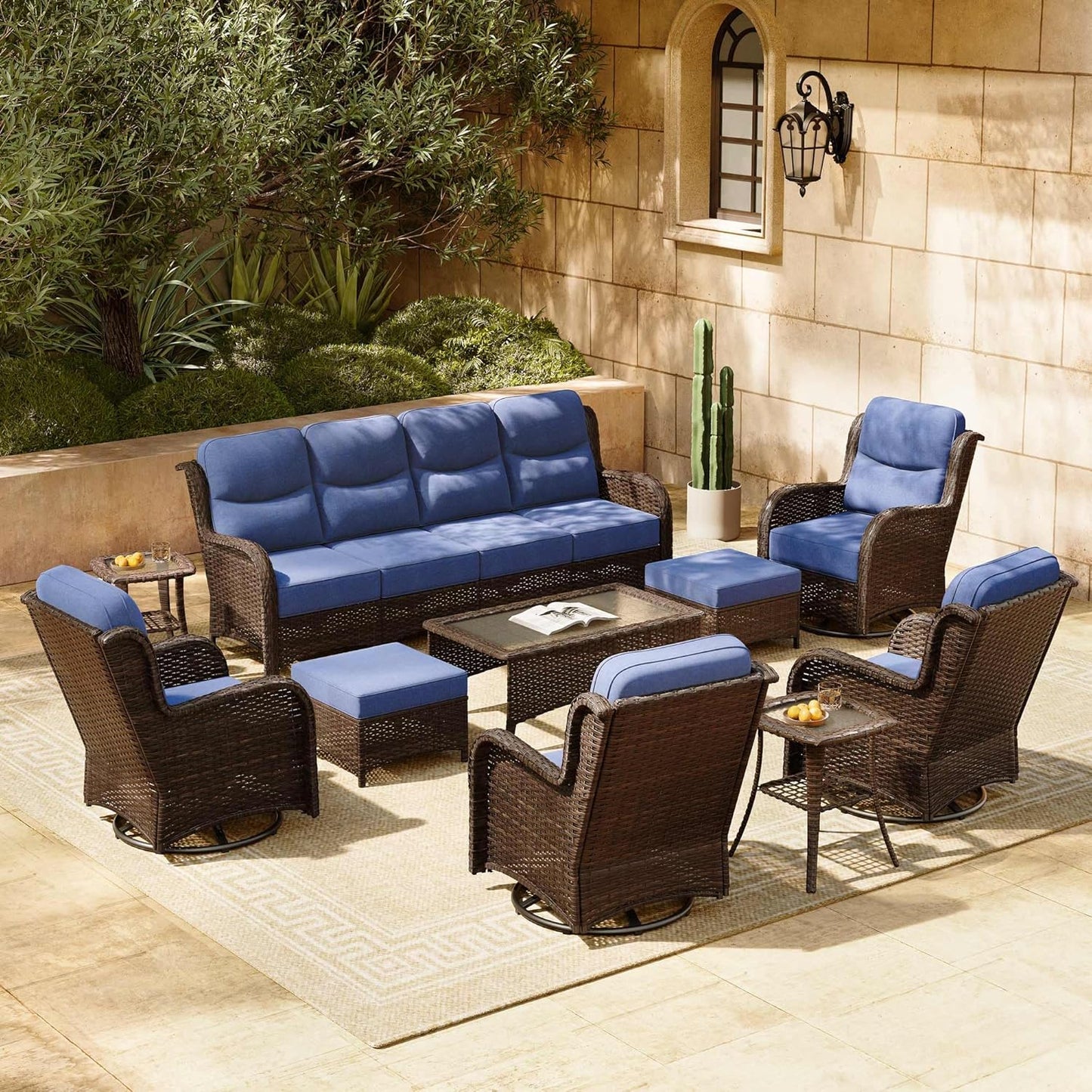 HILLGA Luxury Patio Furniture Set with 6-inch Thick Cushion, Outdoor Sectional Sofa and High Back Swivel Rocker Patio Chairs, 10PCS Wicker Conversation Set for Deck Yard and Poolside, Blue (V2)