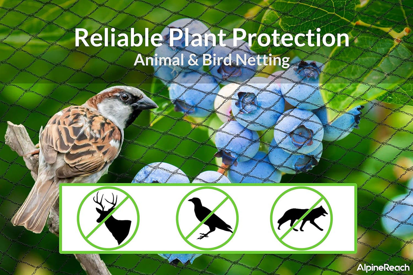 AlpineReach Garden Netting 7.5 x 65 ft Heavy Duty Bird Net, Deer, Plant Protection Extra Strong Woven Mesh, Reusable Kit with Zip Ties, Animal Fencing for Fruits Trees, Green