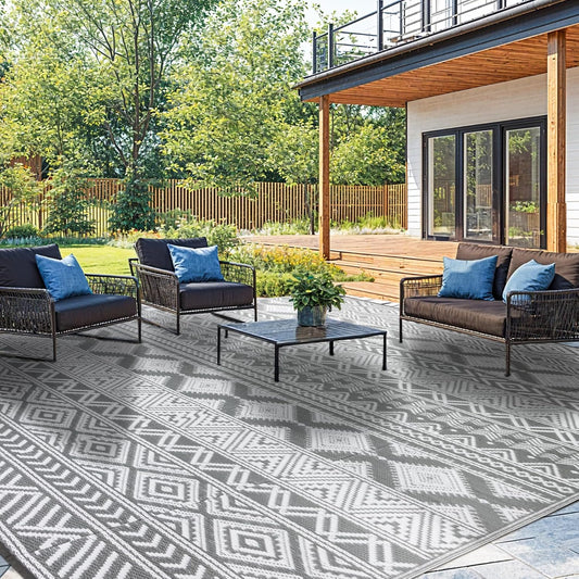 9'x12' Reversible Outdoor Rug - Eco-Friendly Plastic Straw Rug-Heavy-Duty Waterproof Mat, UV & Fade Resistant for Patio, Camping, RV, Deck, Balcony(9x12,Gray&White)
