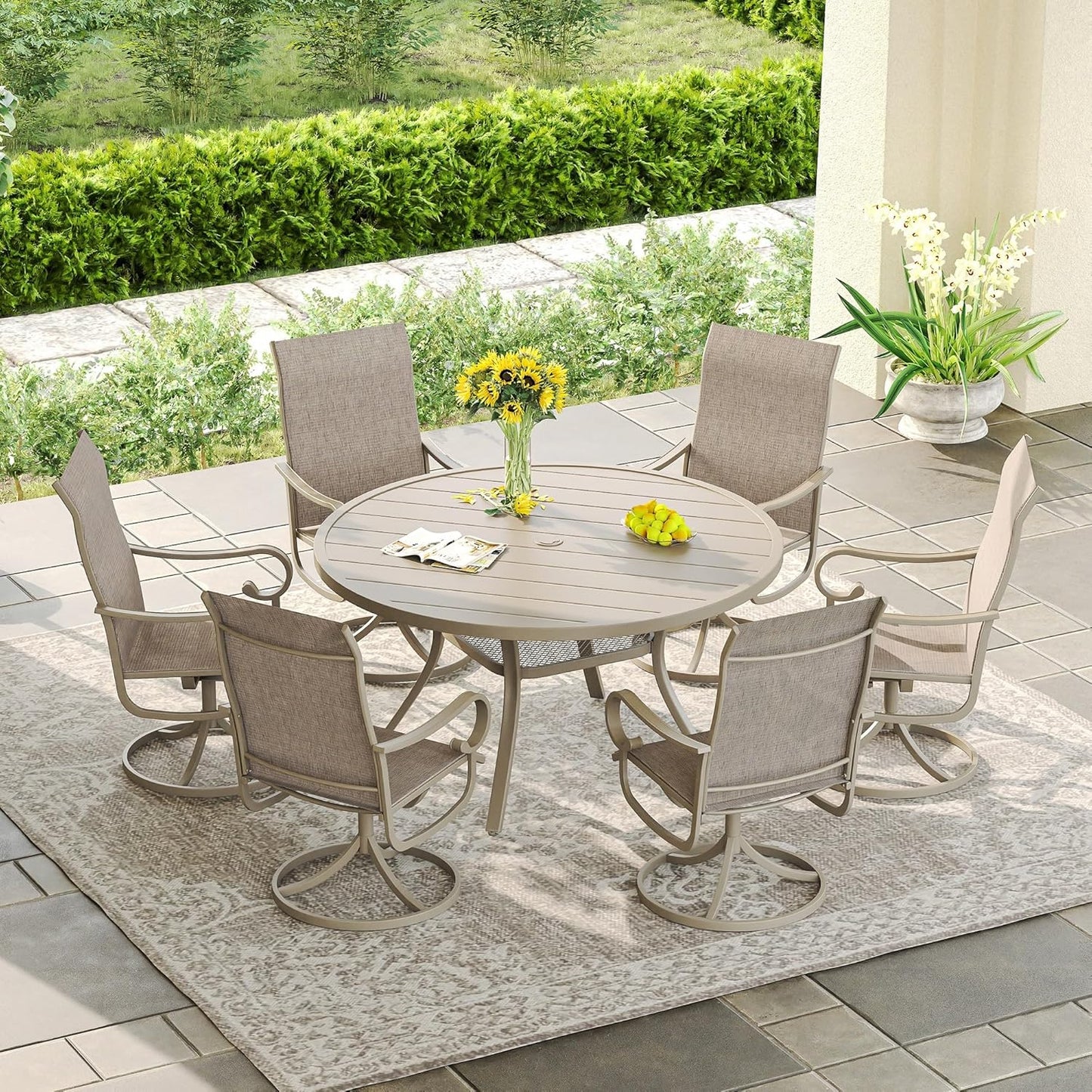 DIFY 48" Round Patio Dining Table for 6, Outdoor Metal Dining Table with 1.57" Umbrella Hole for Backyard Lawn Garden, Sandshell