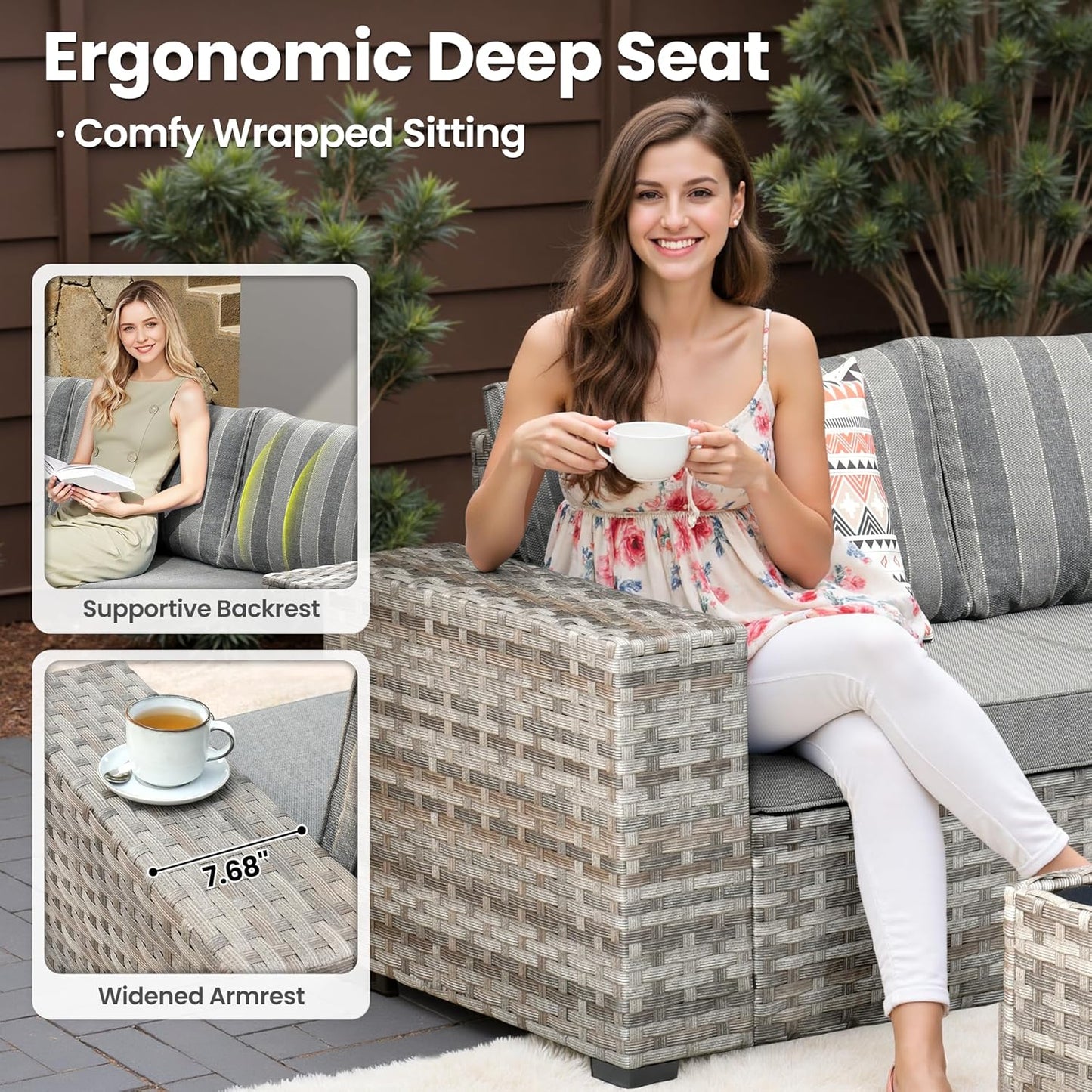 ovios 7 Pieces Patio Furniture Set, Outdoor Wicker Sectional Sofa with 30 Inch Fire Pit Table Comfy Cushions, Modern Modular Deep Seat Rattan Couch Conversation Set, Dark Gray Stripe