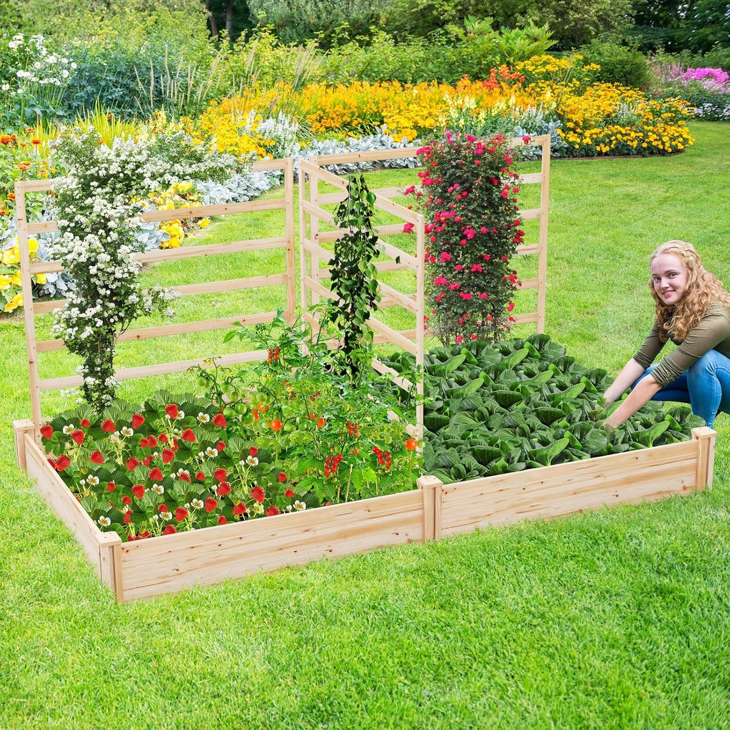 HAPPYGRILL Raised Garden Bed with 3 Trellises, Outdoor Wood Raised Bed w/ 2 Planter Boxes for Flowers, Vegetables, Fruits Climbing Vines, Elevated Garden Box for Yard Patio, 88" L x 45" W x 43" H
