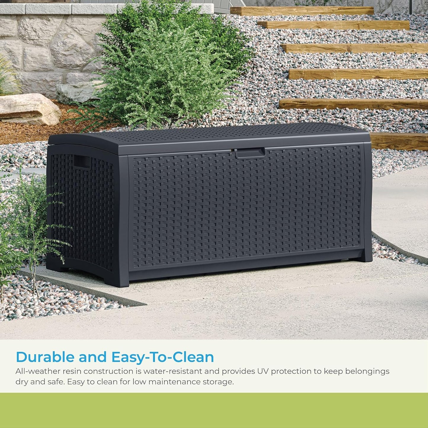 Suncast 73 Gallon Medium Resin Wicker Indoor/Outdoor Storage Box for Garden Tools, Pool Accessories, and Patio Cushions, Cyberspace