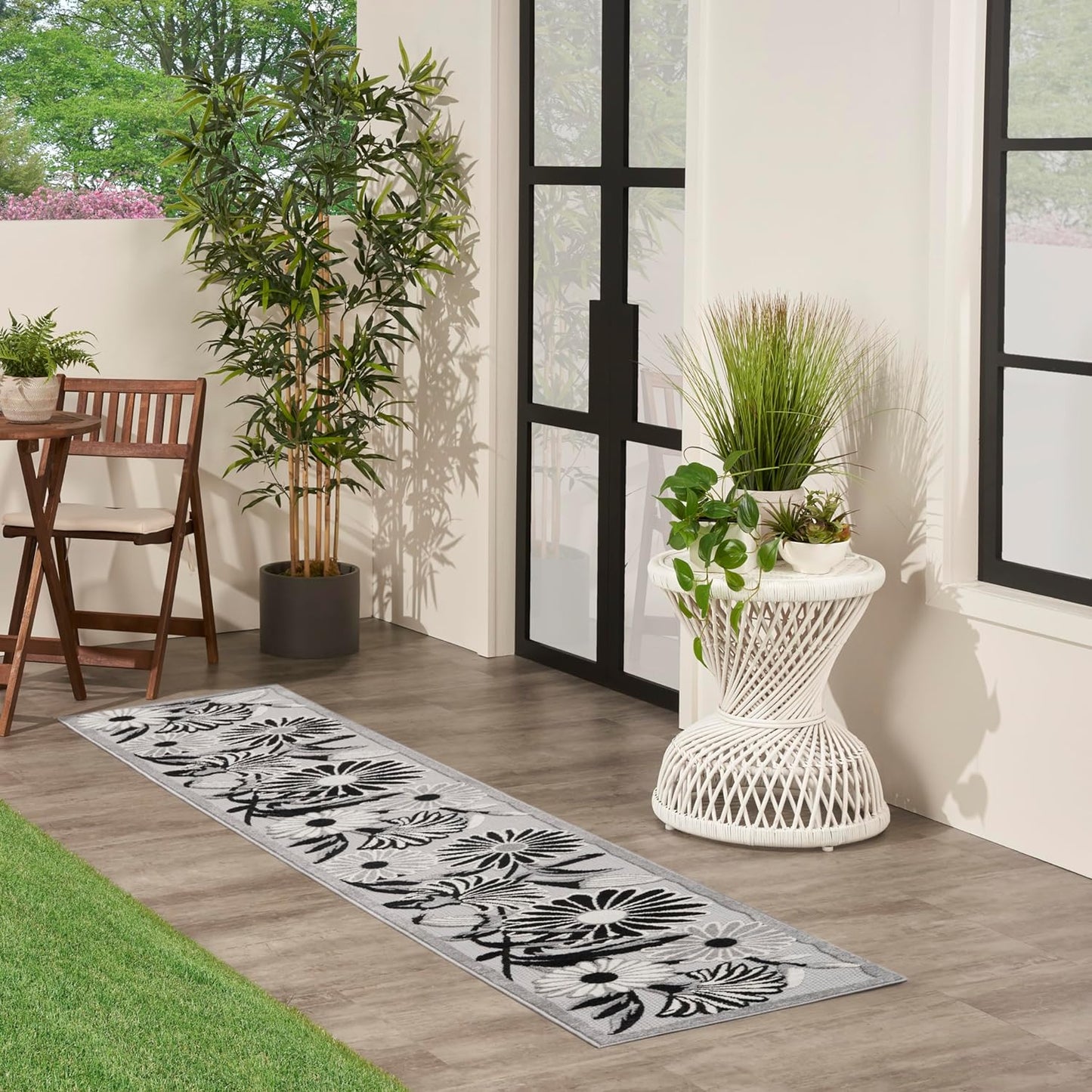Nourison Home Aloha Black White 2'3" x 12' Area Rug, Easy Clean, Non Shedding, Bed Room, Living Room, Dining Room, Kitchen (12' Runner)