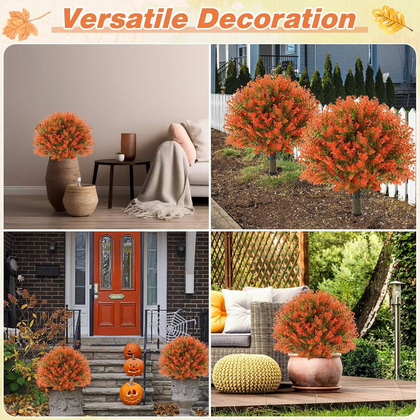 Yunlly 6 Pcs 18 Inch Fall Artificial Boxwood Ball Topiary Tree Outdoor Plants Bush, UV Resistance Faux Shrub with Spike Fall Porch Decor for Indoor Garden Yard Porch Patio Decor (Orange)