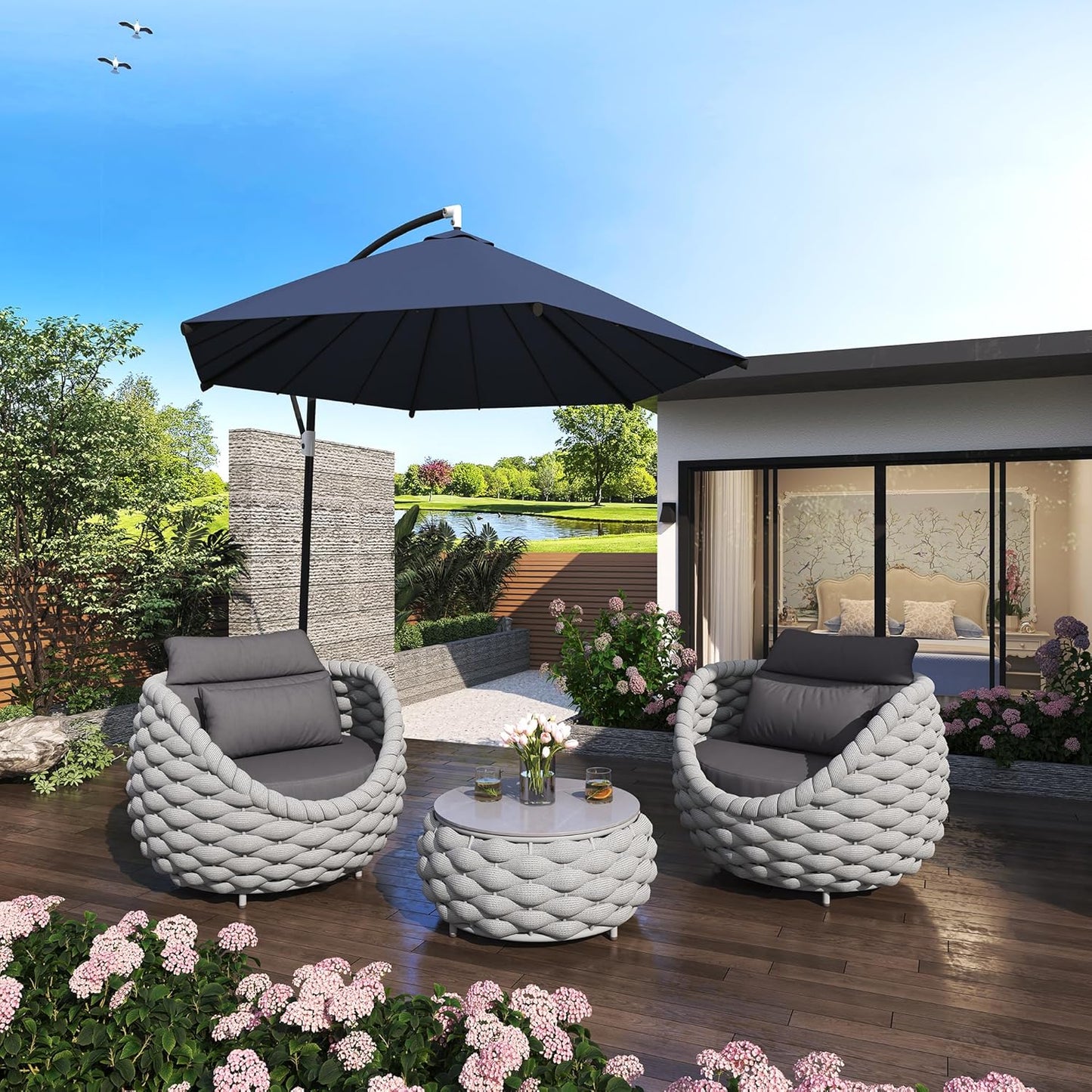 TWT Outdoor Patio Furniture Set, 5 Pieces Aluminum Sectional Sofa, Metal Patio Conversation Set with Threeseat & Armchair, Cushion and Coffee Table, Dark Grey