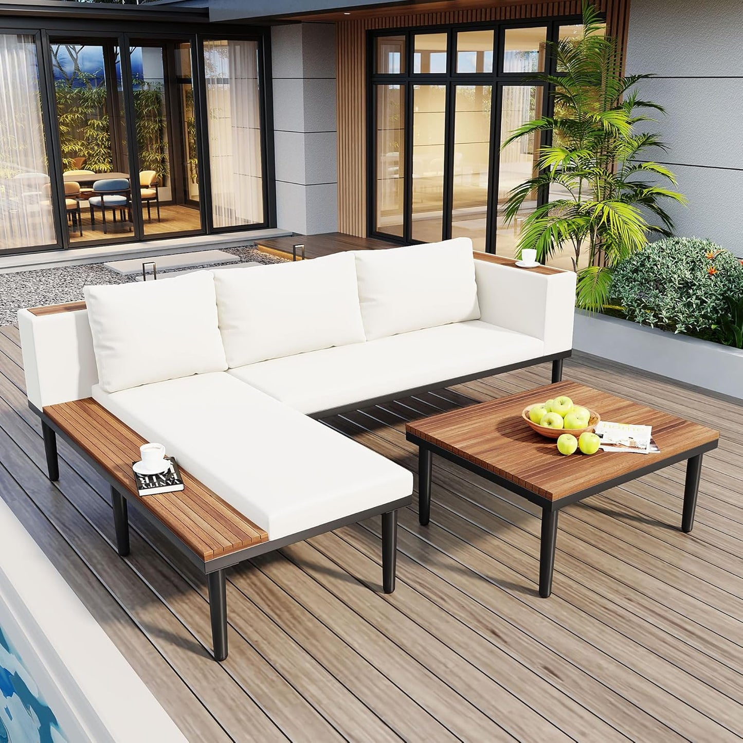 Acacia Wood Patio Furniture Set, Luxury Outdoor Conversation Sectional Sofa with Removable Cushions and Coffee Table, Side Table, L-Shaped Sofa Set for Backyard, Porch (Beige/17)