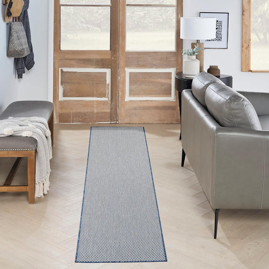 Nourison Home Courtyard 10' Runner Ivory Blue Fabric Modern Area Rug (10' Runner)