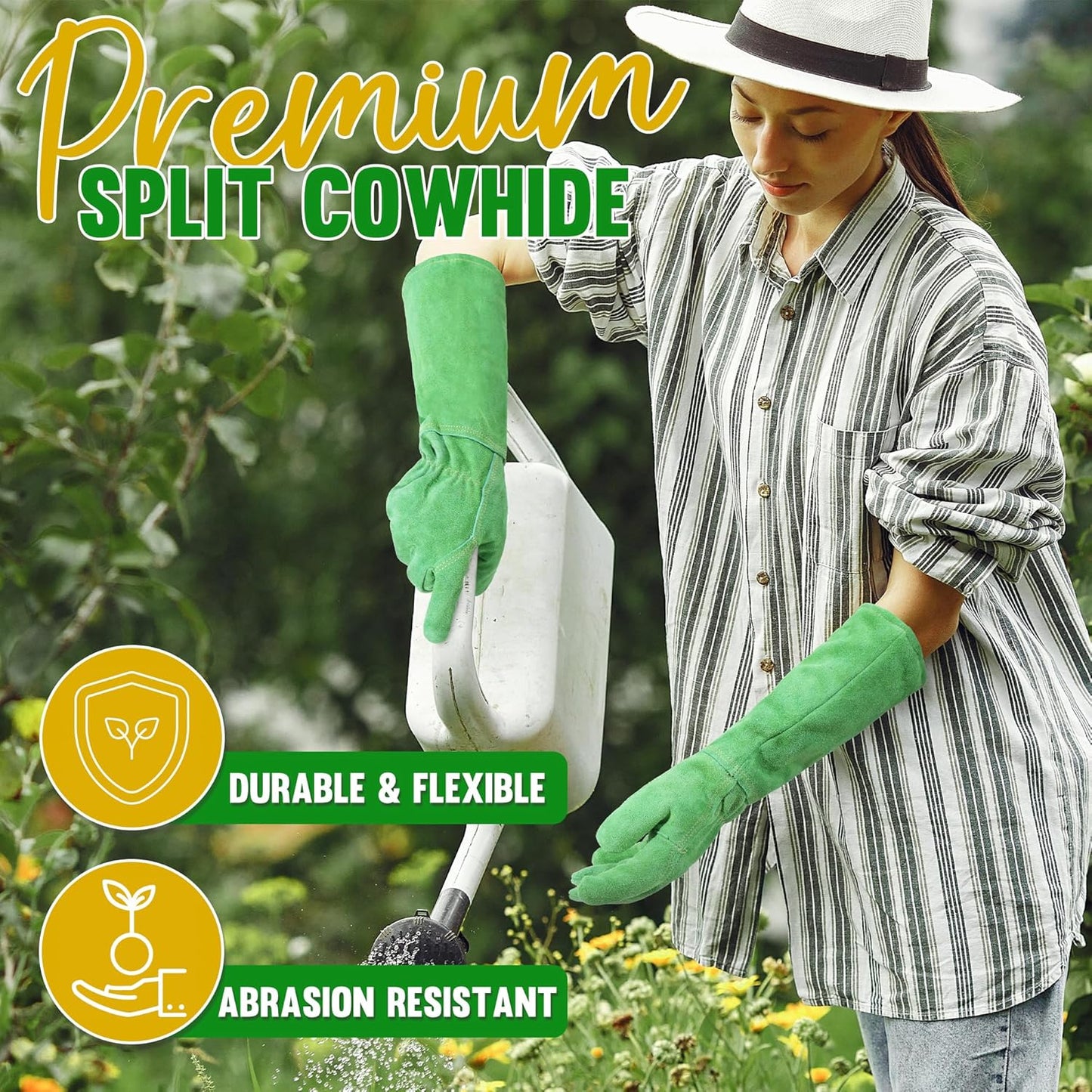 HANDLANDY Leather Gardening Gloves, Thorn Proof Long Gauntlet Heavy Duty Garden Gloves, Elbow Length Rose Pruning Weeding Yard Glove (X-Large, Green)