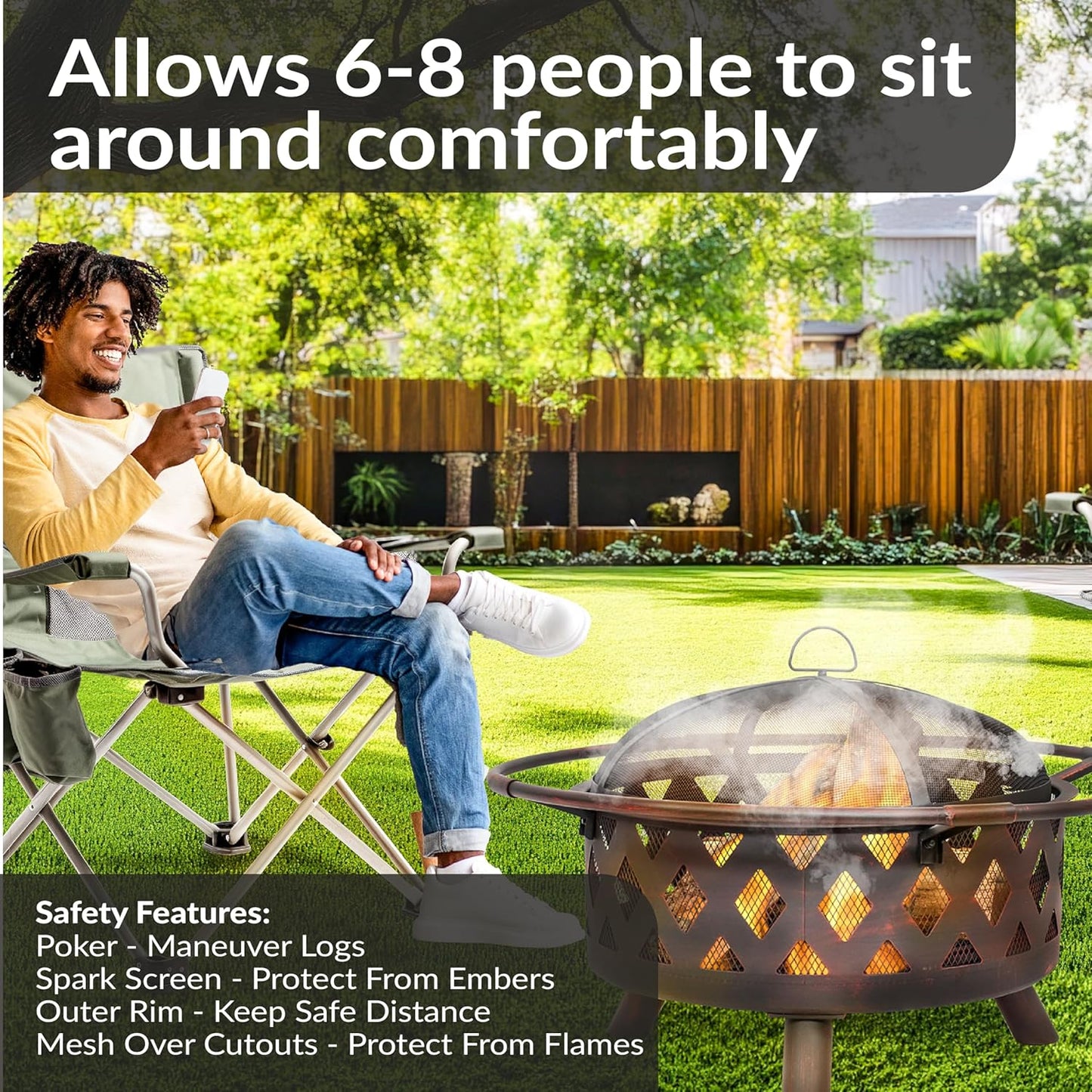 Sunnydaze Crossweave Outdoor Fire Pit - Wood-Burning Fire Pit for Outside with Spark Screen, Poker and Round Cover - 30-Inch - Bronze