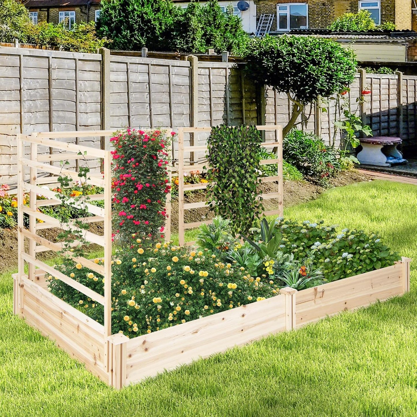 HAPPYGRILL Raised Garden Bed with 3 Trellises, Outdoor Wood Raised Bed w/ 2 Planter Boxes for Flowers, Vegetables, Fruits Climbing Vines, Elevated Garden Box for Yard Patio, 88" L x 45" W x 43" H