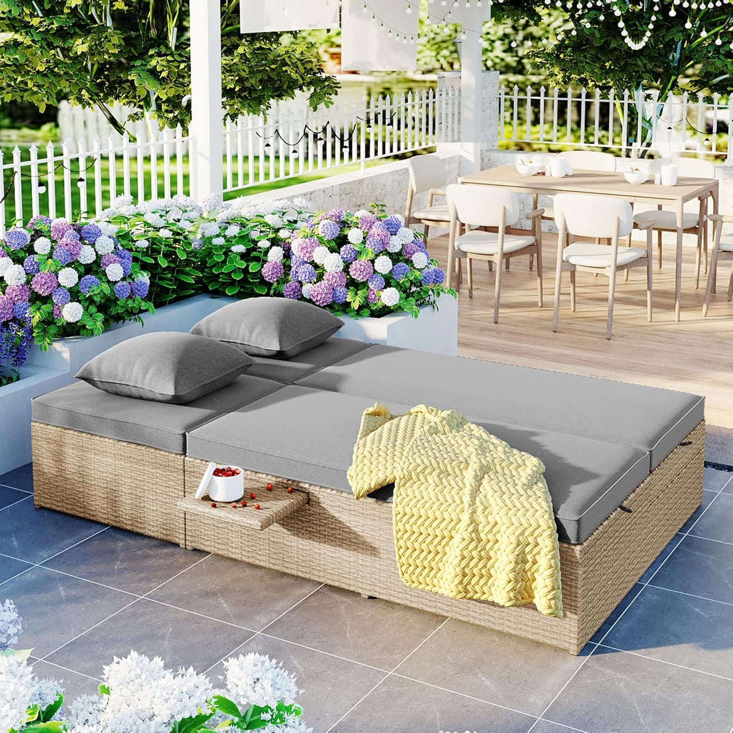 kevinplus Outdoor Daybed Patio Sunbed, Wicker Rattan Patio Reclining Chairs with Adjustable Backrest and Seat & Foldable Cupholder for Garden Poolside Balcony, Brown