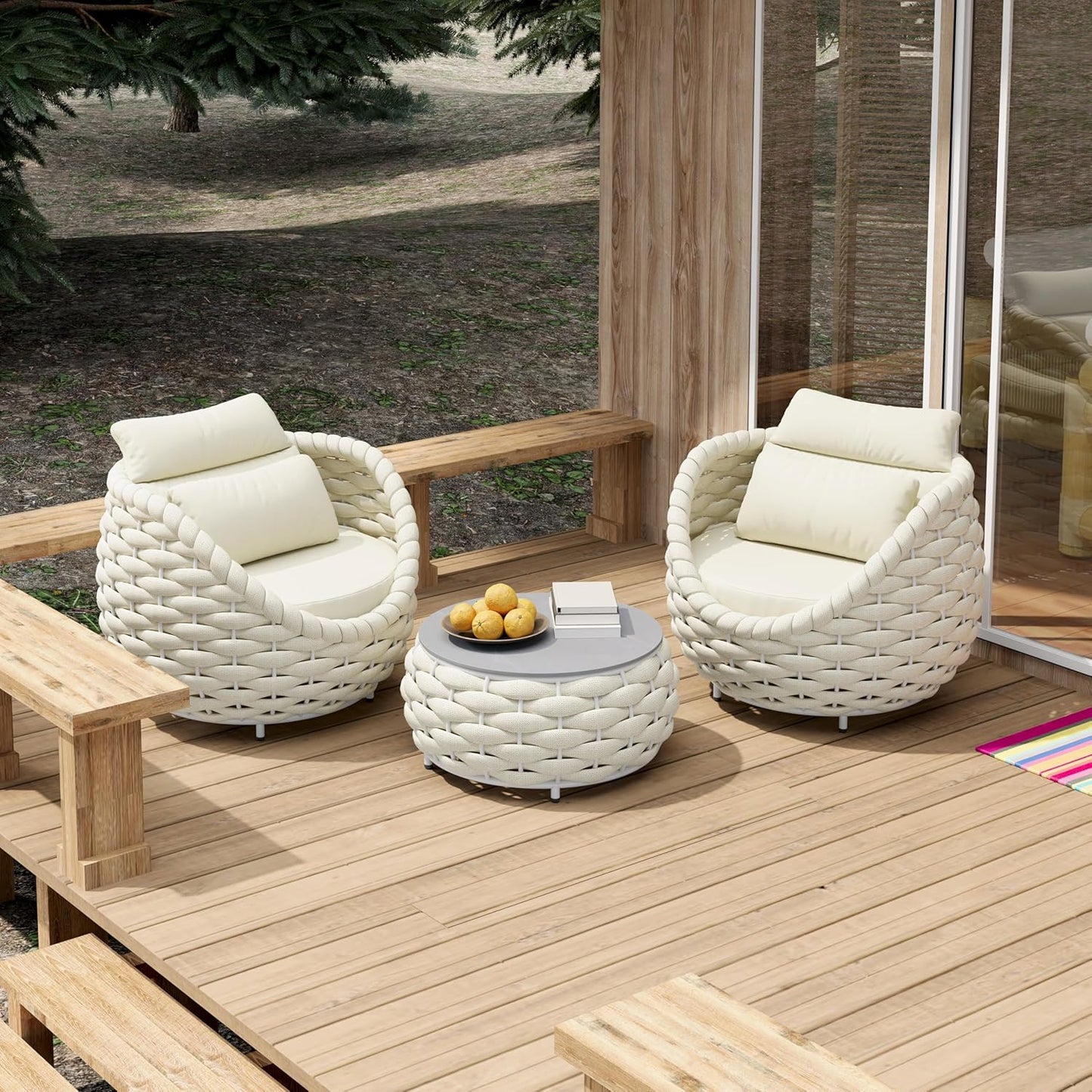 Front Porch Furniture Set 3 Piece: Aluminum Woven Rope Patio Conversation Sofa Set for 2 - Assembled Outdoor Deck Couch Armchair Set Cushions - for 400lb Balcony Pool Yard Bistro Hotel Lanai - Beige