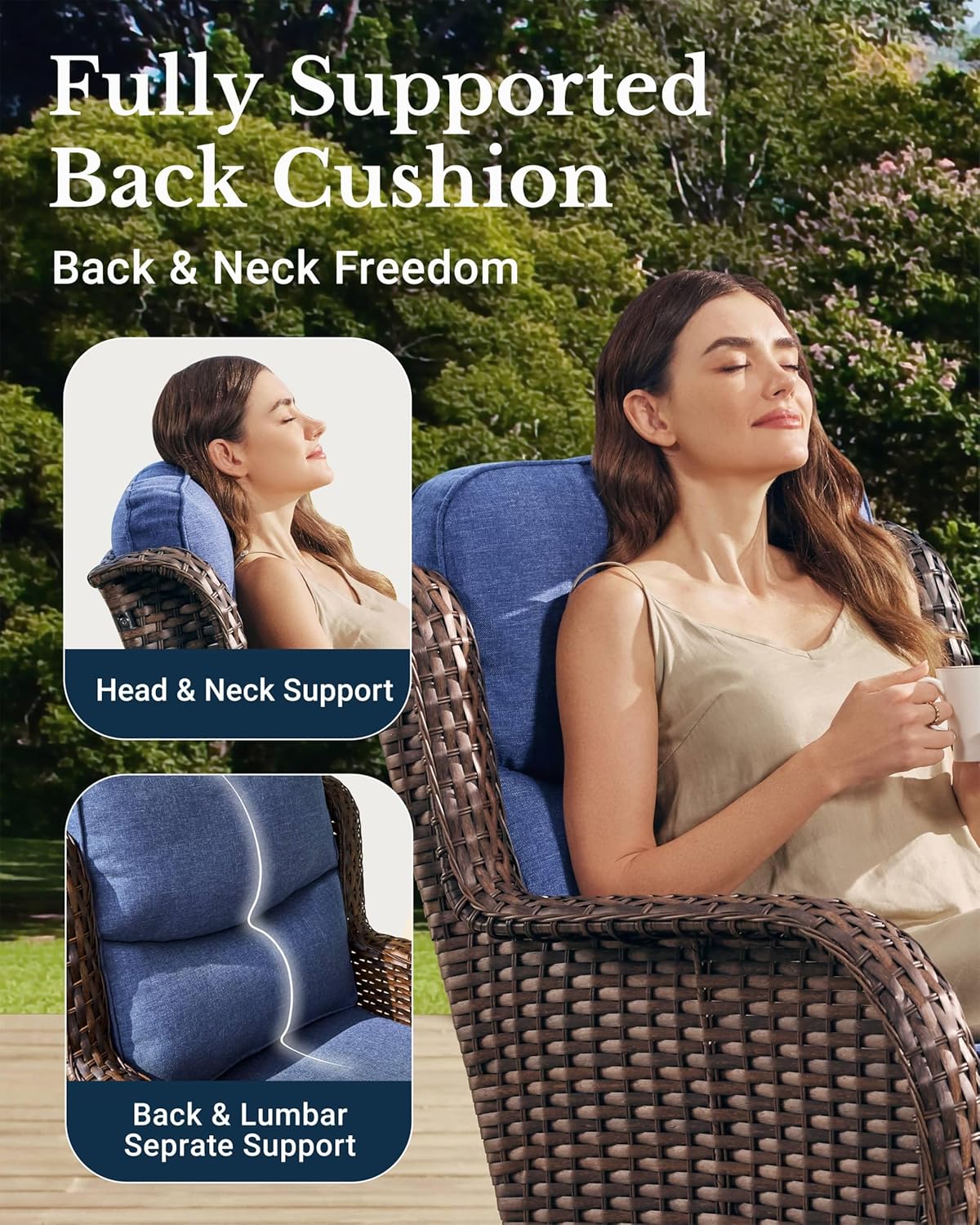 HILLGA Luxury Patio Furniture Set with 6-inch Thick Cushion, Outdoor Couch and High Back Swivel Rocker Patio Chairs, 6PCS Wicker Conversation Set for Deck Yard and Poolside, Blue (V2)