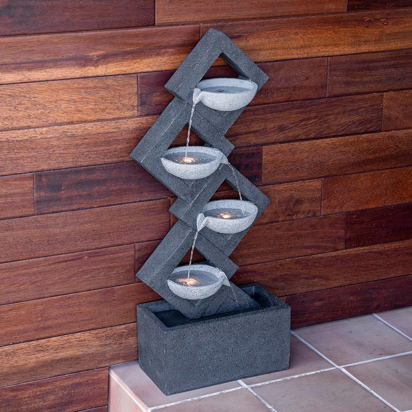 Alpine Corporation GIL1642 Outdoor Floor 4-Tiered Stone-Inspired Waterfall Fountain with LED Lights, 39", Gray