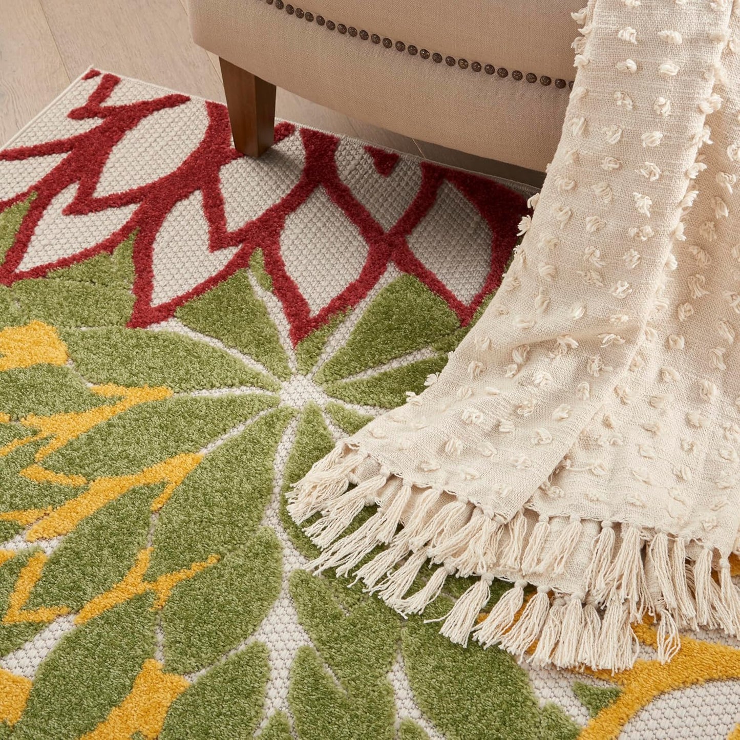 Nourison Aloha Indoor/Outdoor Red Multi Colored 6' x 9' Area Rug, Tropical, Botanical, Easy Cleaning, Non Shedding, Bed Room, Living Room, Dining Room, Deck, Backyard, Patio (6x9)