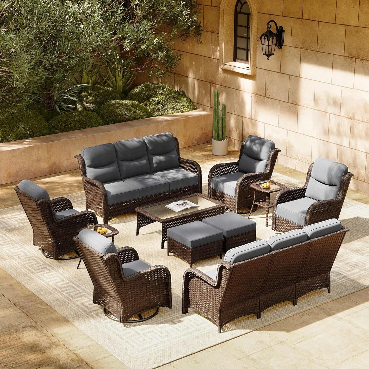 HILLGA Luxury Patio Furniture Set with 6-inch Thick Cushion, Outdoor Couch and High Back Swivel Rocker Patio Chairs, 11PCS Wicker Conversation Set for Deck Yard and Poolside, Dark Grey (V2)