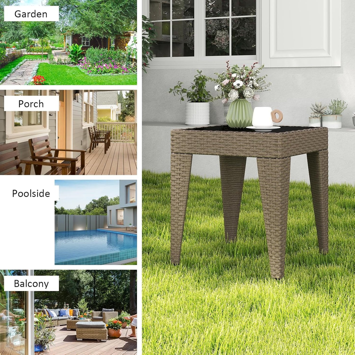 Outdoor Small Patio Table - PE Rattan Coffee Table, Wicker Side Table for Patio, Balcony & Porch, Durable & Iron Frame (1, Rattan Sesame)